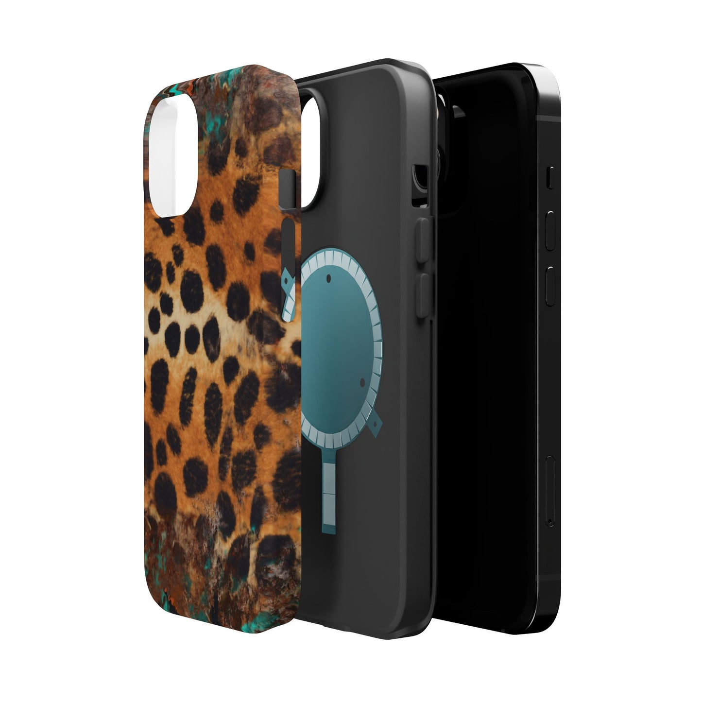 Rustic Leopard Print Tough MagSafe iPhone Case – Distressed Turquoise and Animal Pattern with Dual-Layer Protection