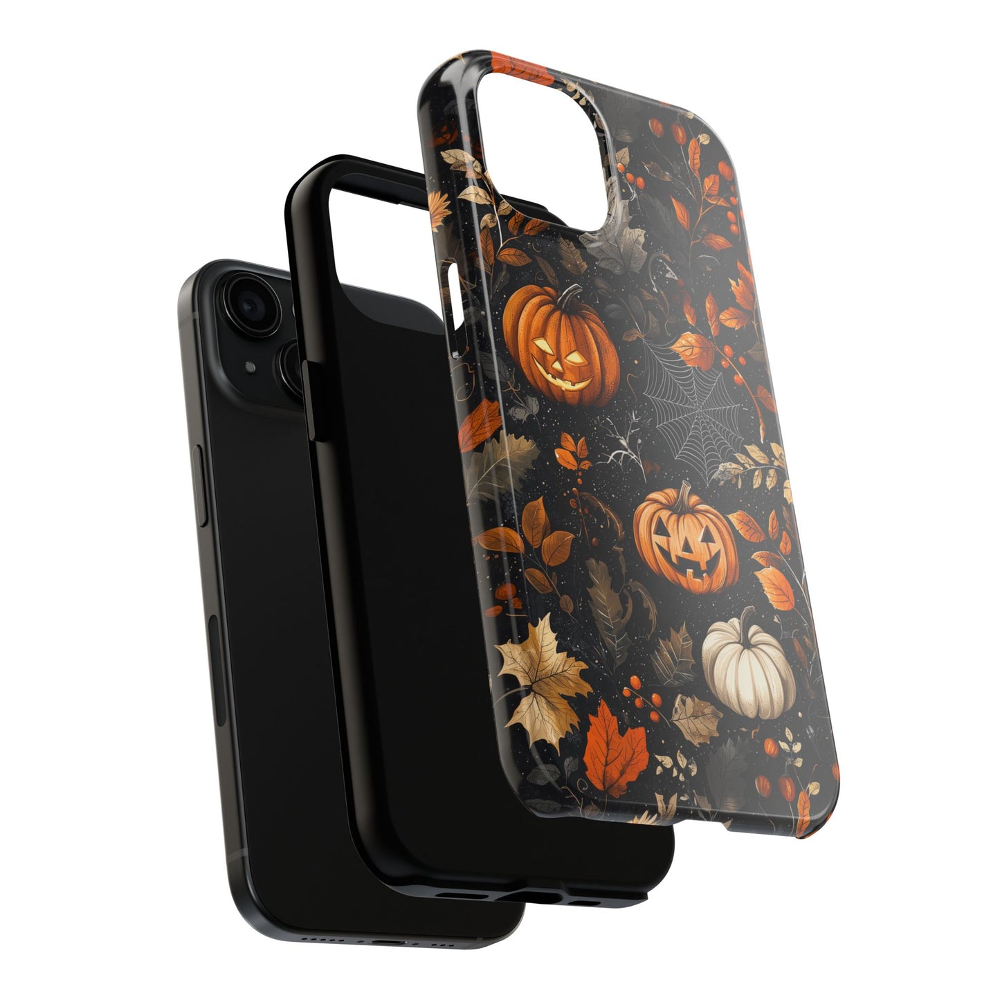 Elegant Halloween iPhone Case – Pumpkin Jack-o'-Lanterns, Cobwebs & Autumn Foliage Design