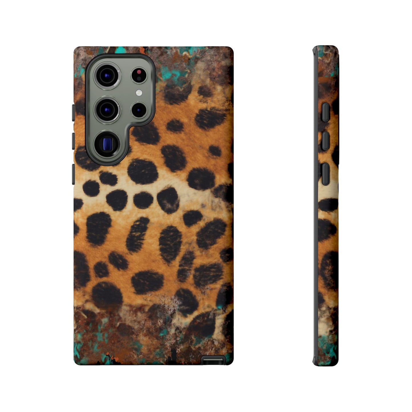 Rustic Leopard Print Tough Samsung Galaxy Case – Distressed Turquoise and Animal Pattern with Dual-Layer Protection