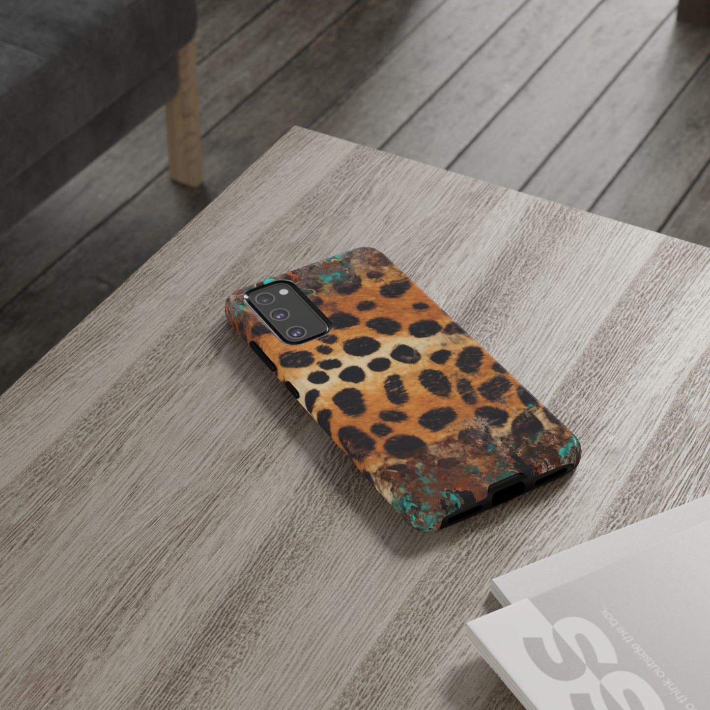 Rustic Leopard Print Tough Samsung Galaxy Case – Distressed Turquoise and Animal Pattern with Dual-Layer Protection