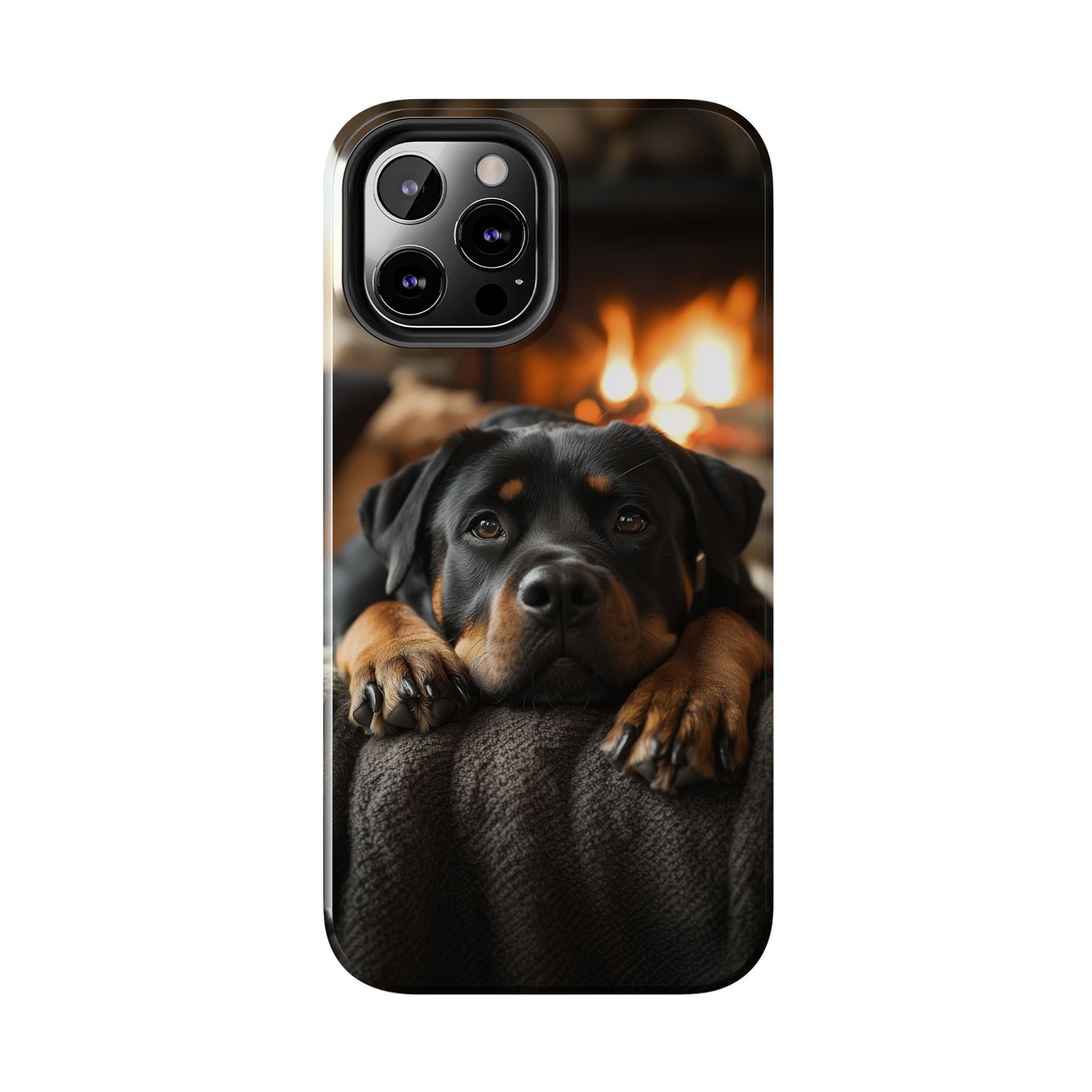 Cozy Rottweiler by the Fireplace iPhone Case – Warm Rustic Design