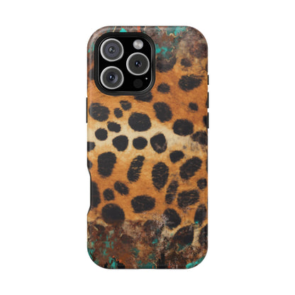 Rustic Leopard Print Tough MagSafe iPhone Case – Distressed Turquoise and Animal Pattern with Dual-Layer Protection