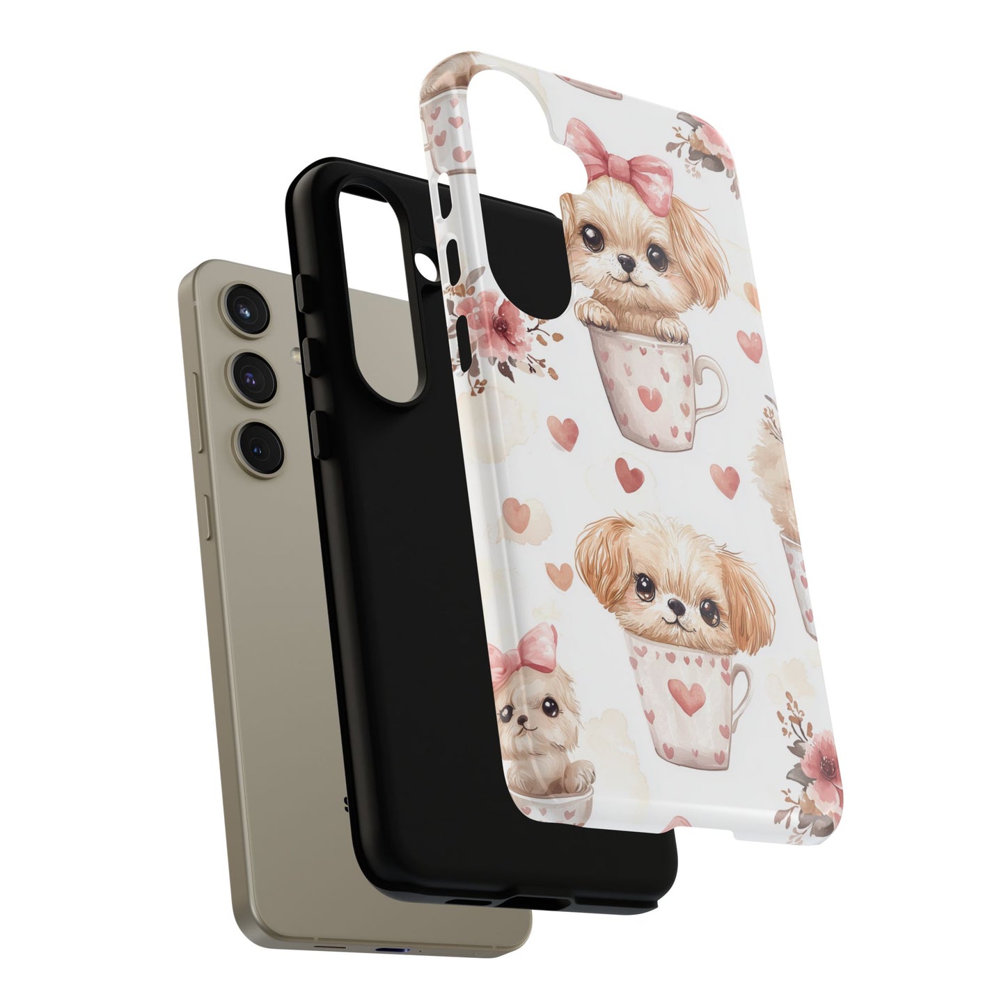 Cute Puppies in Heart Mugs Samsung Galaxy  Case – Adorable Dog & Floral Design, Shockproof & Slim