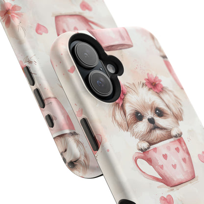 Floral Puppy in Teacup MagSafe iPhone Case – Cute Pink Flower Design, Tough Dual-Layer Protection