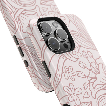 Blush Floral Line Art Tough MagSafe iPhone Case – Delicate Minimalist Design with Dual-Layer Protection