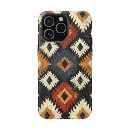 Rustic Tribal Sunburst Tough MagSafe iPhone Case – Vibrant Geometric Design, Dual-Layer Protection