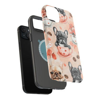 French Bulldogs in Heart Teacups MagSafe iPhone Case – Cute Dog & Floral Design, Shockproof Protection