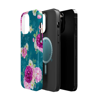 Elegant Peony Bouquet MagSafe iPhone Case – Deep Teal Background with Romantic Floral Design