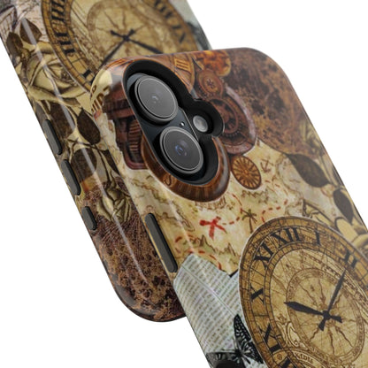 Steampunk Vintage Adventure MagSafe iPhone Case – Dual-Layer Protection with Antique Map and Clock Design