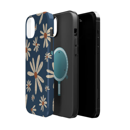 Vintage Daisies MagSafe iPhone Case – Navy Blue Floral Design, Scratch-Resistant with Shock-Absorbing Bumper