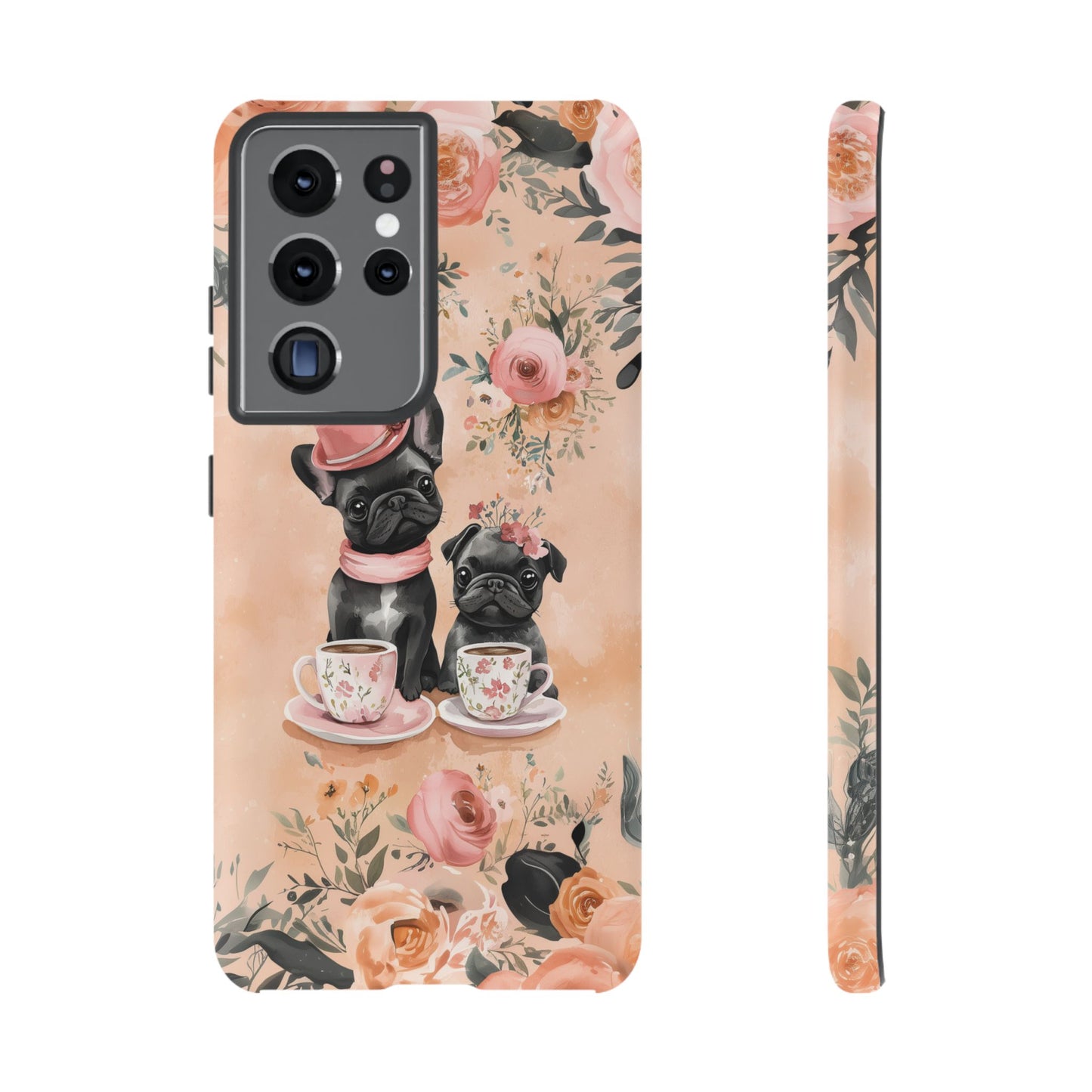 Floral French Bulldogs Samsung Galaxy Case – Elegant Dog Design with Tea Cups & Roses, Shockproof Protection