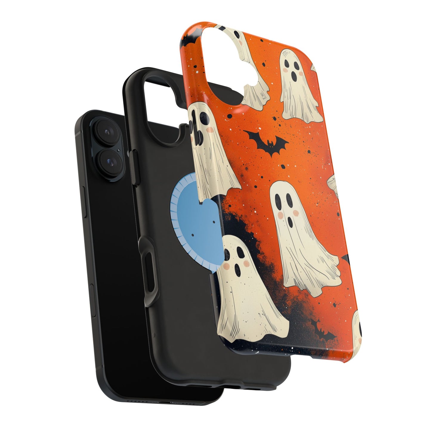 Spooky Ghosts & Bats  MagSafe iPhone Case – Vibrant Orange Halloween Design