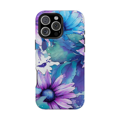 Purple & Teal Watercolor Floral MagSafe iPhone Case - Artistic Flower Design