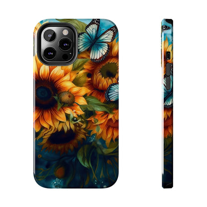 Aqua Blue Butterfly & Sunflower Art – iPhone Case