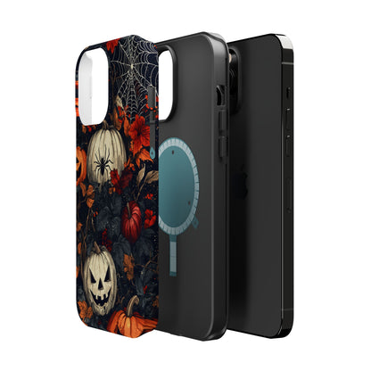 Hauntingly Elegant Halloween MagSafe iPhone Case – Pumpkins, Spiders, and Autumn Leaves Design