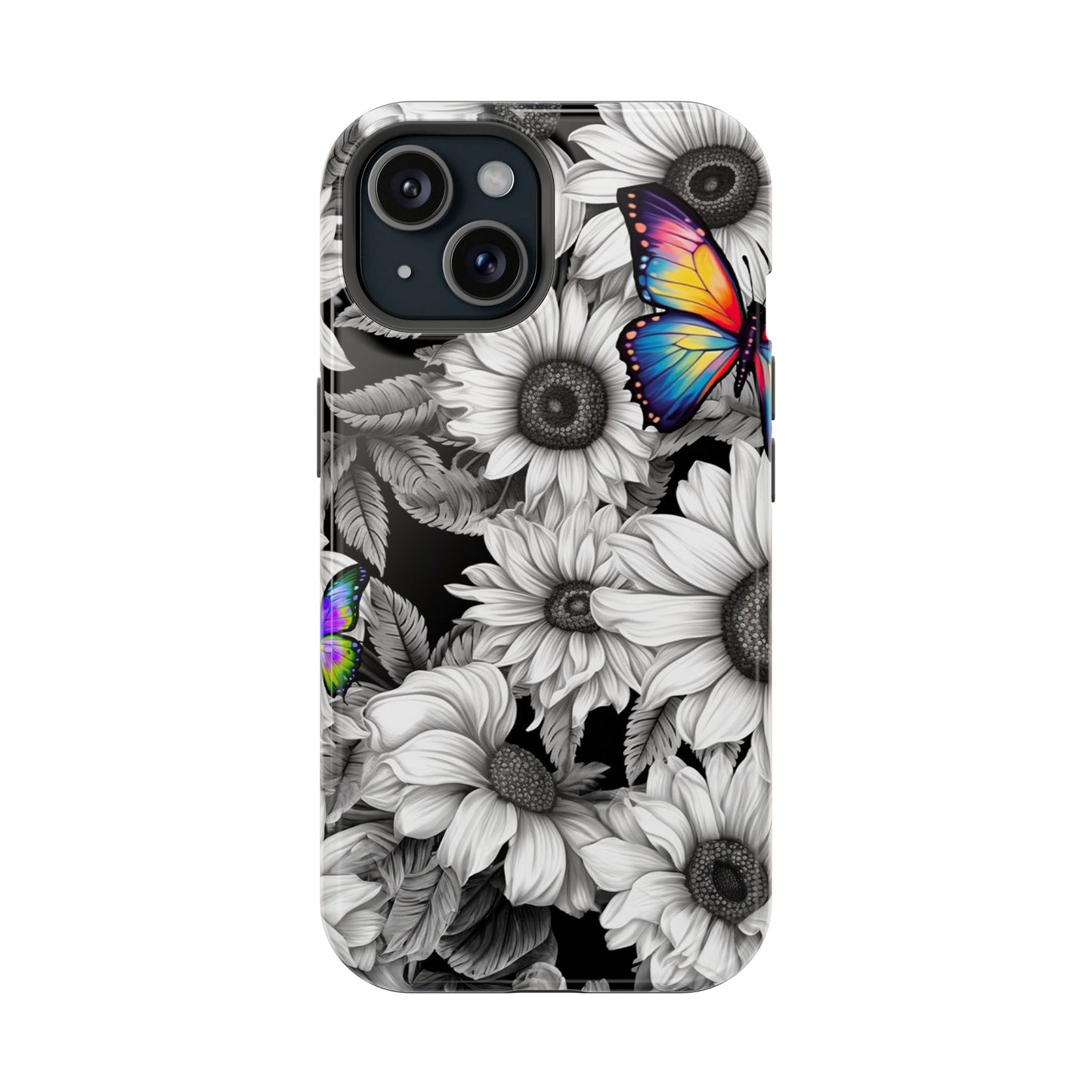 Rainbow Butterflies & Monochrome Sunflowers – MagSafe iPhone Case