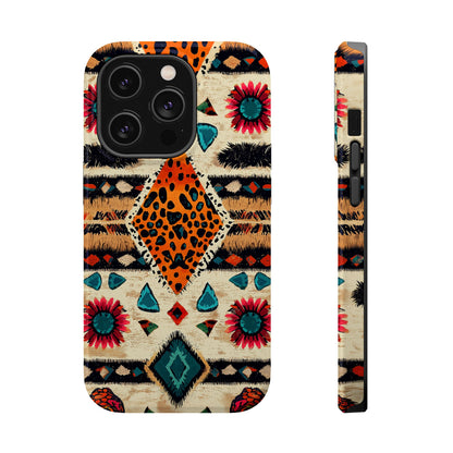 Wild Boho Leopard Print & Floral Tough MagSafe iPhone Case – Eclectic Tribal Design, Dual-Layer Protection