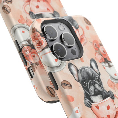 French Bulldogs in Heart Teacups MagSafe iPhone Case – Cute Dog & Floral Design, Shockproof Protection