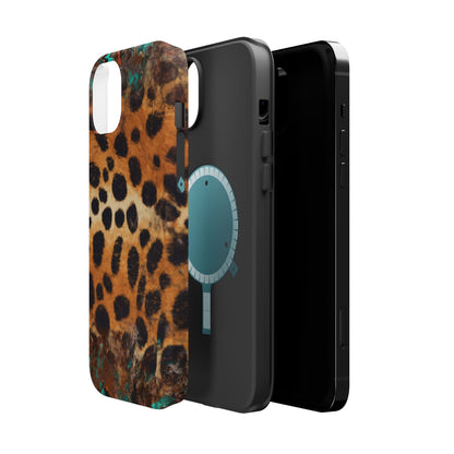 Rustic Leopard Print Tough MagSafe iPhone Case – Distressed Turquoise and Animal Pattern with Dual-Layer Protection