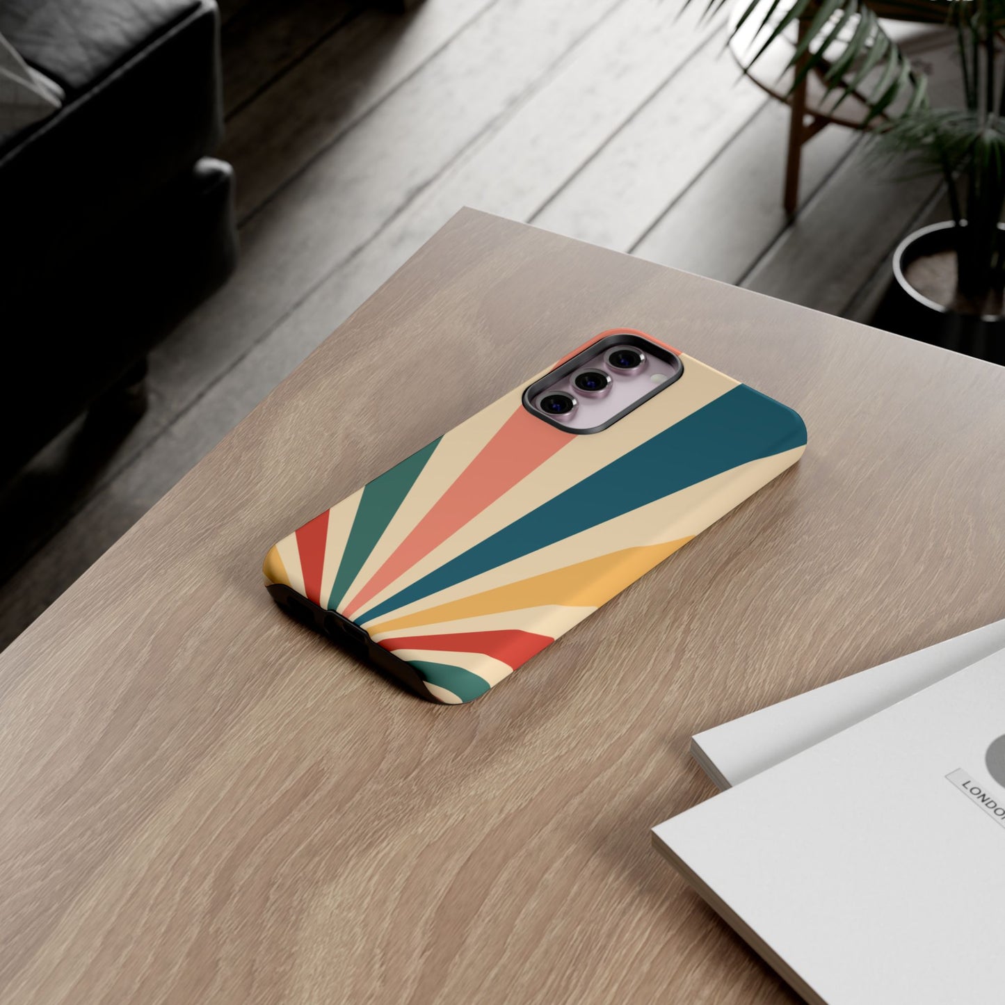 Retro Sunbeam Samsung Galaxy Case – 70s-Inspired Radiating Stripes in Coral, Teal, and Mustard