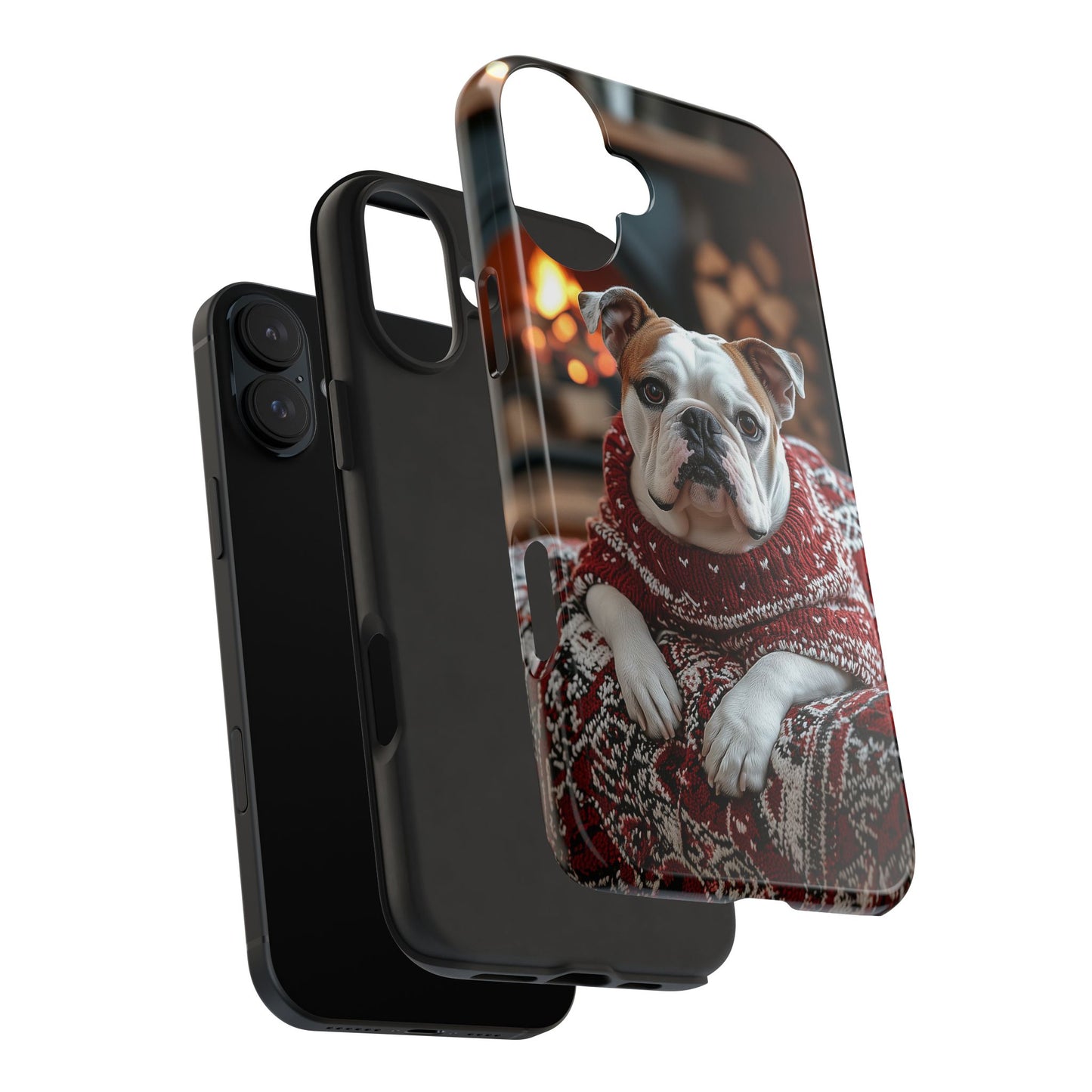 Cozy Bulldog in Sweater iPhone Case – Festive Fireplace Protective Cover