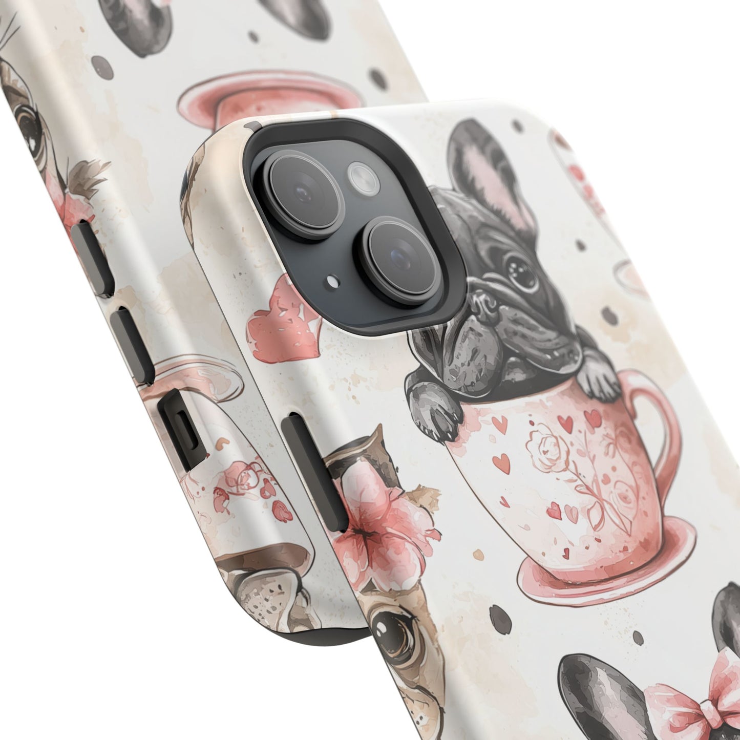 French Bulldogs in Teacups MagSafe iPhone Case – Cute Dog Design with Hearts & Bows, Shockproof & Slim