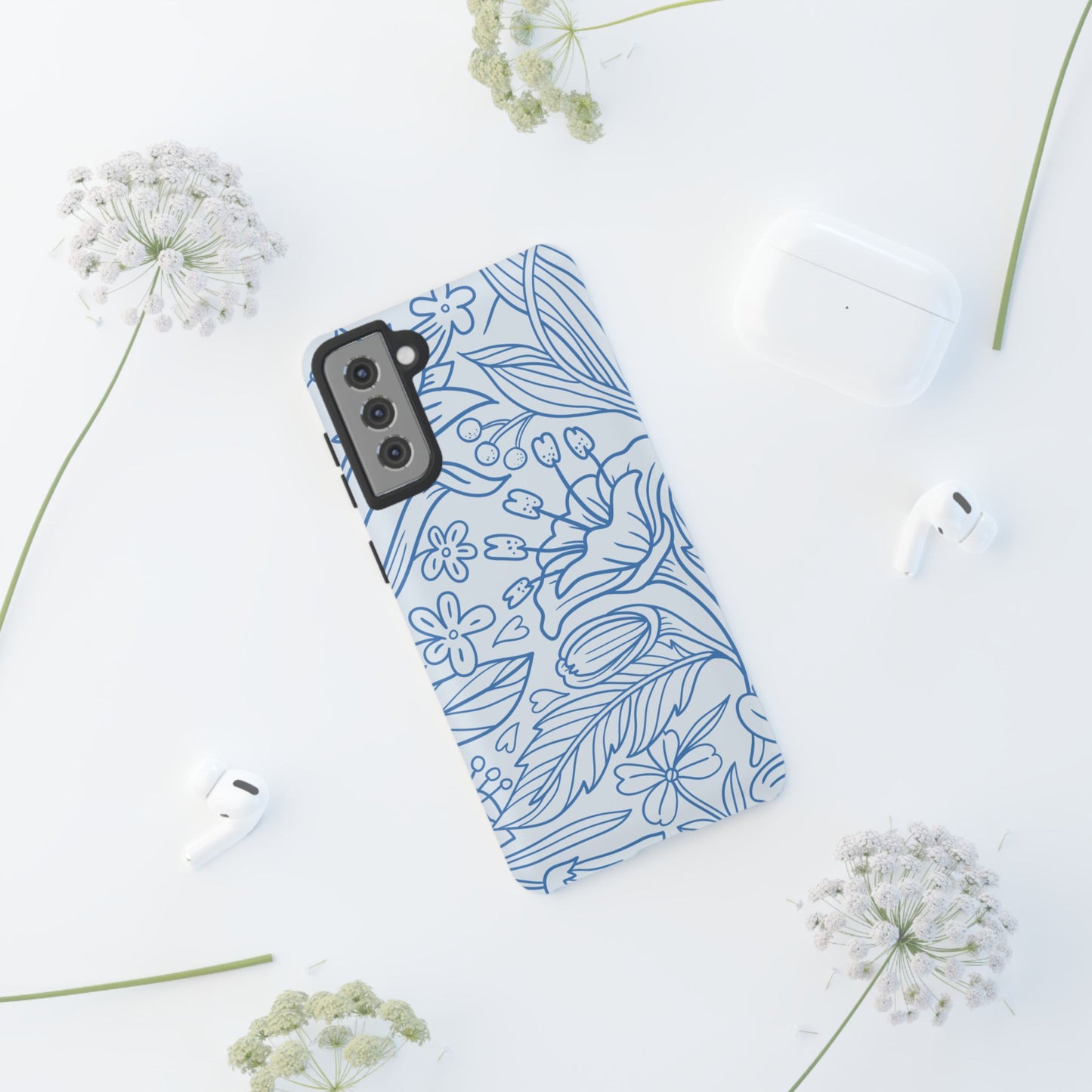 Dusty Blue Floral Line Art Tough Samsung Galaxy Case – Minimalist Botanical Design with Dual-Layer Protection