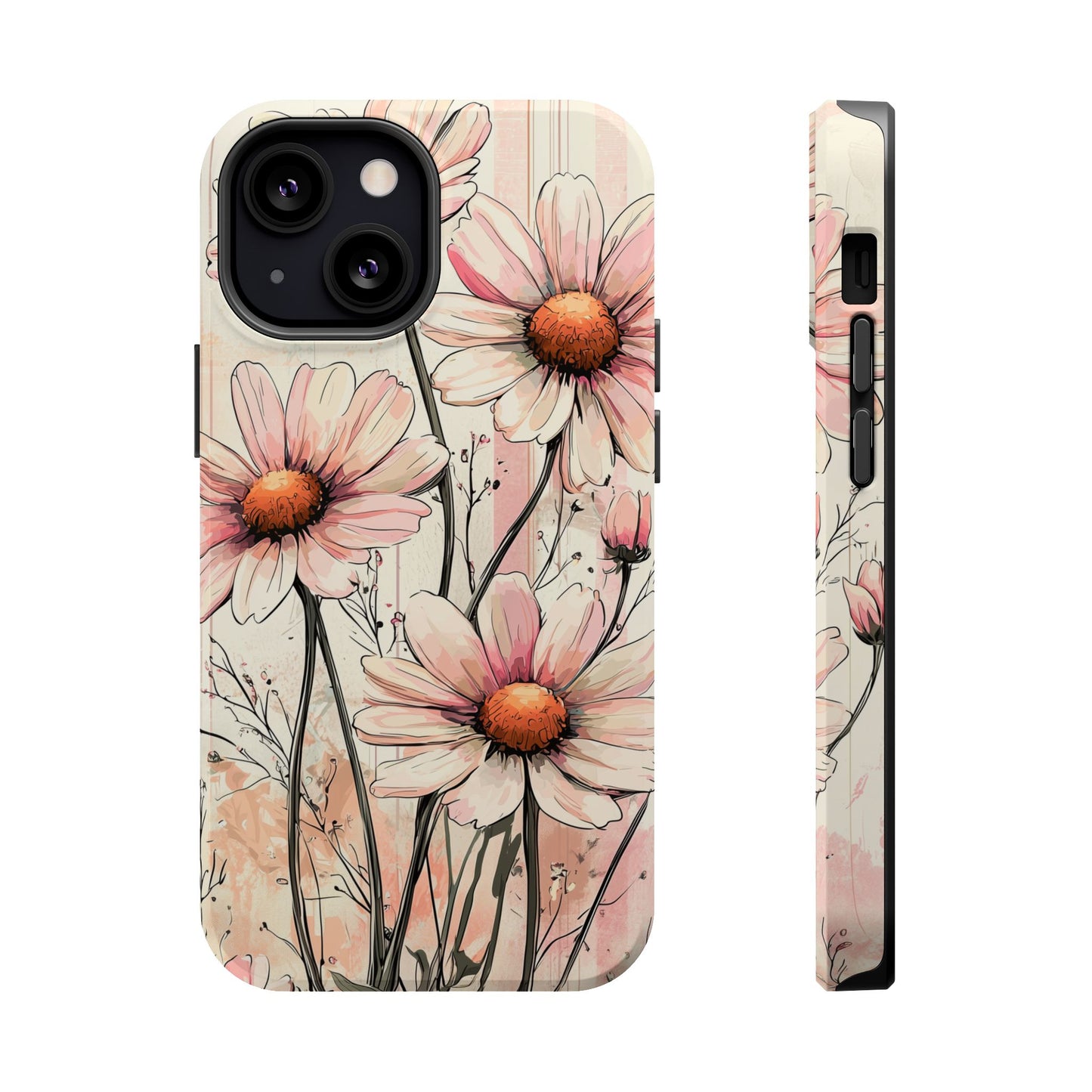 Pastel Pink Daisy MagSafe iPhone Case - Elegant Floral Plaid Protective Cover