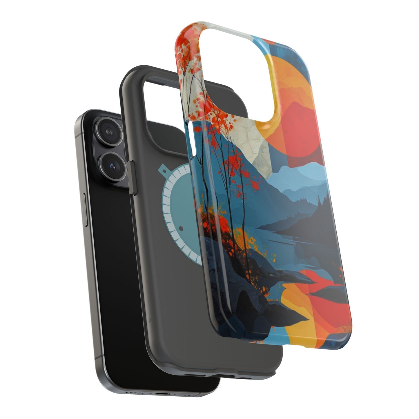 Abstract Autumn Landscape MagSafe iPhone Case – Bold Colorful Sunset Design, Dual-Layer Protection