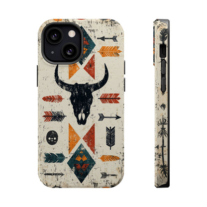 Tribal Bull Skull & Arrows Tough MagSafe iPhone Case – Rustic Western Design, Dual-Layer Protection