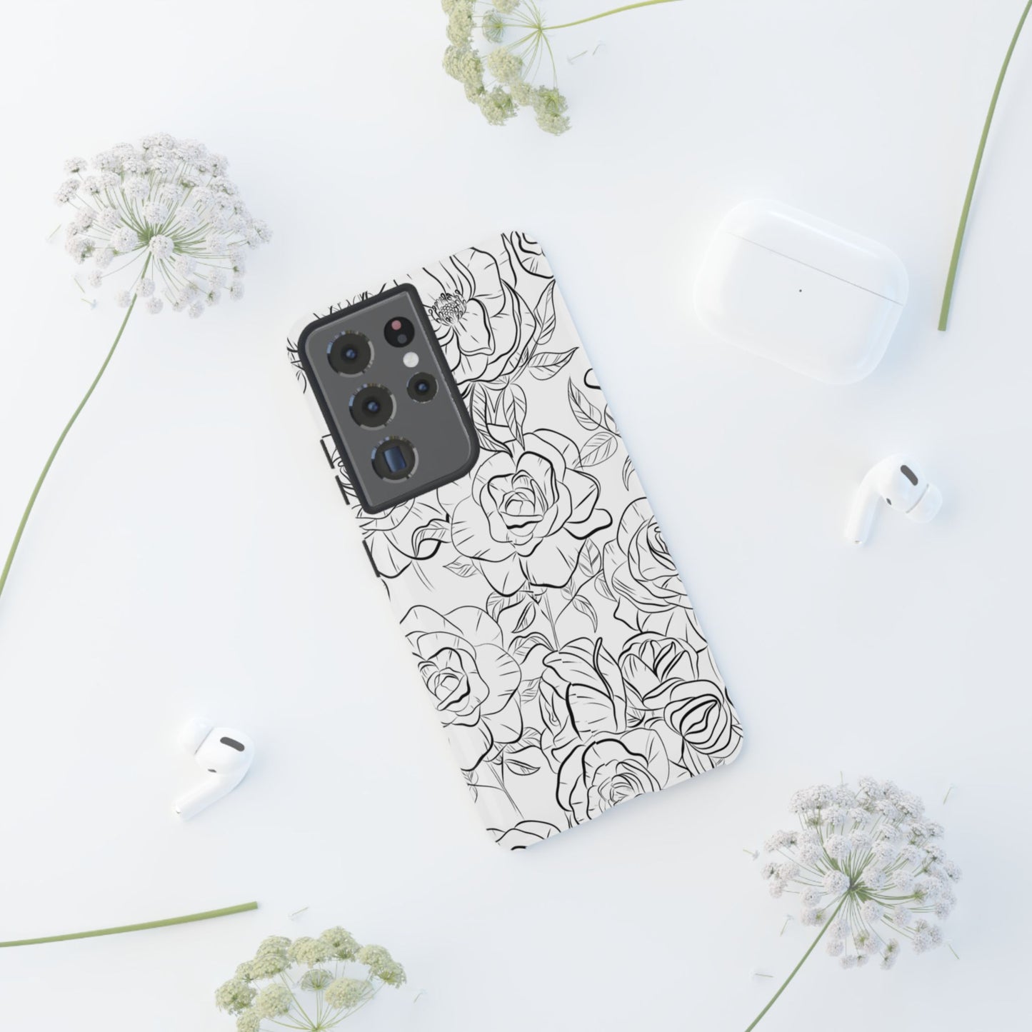 Monochrome Rose Garden Tough Samsung Galaxy Case – Elegant Floral Line Art with Dual-Layer Protection