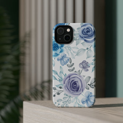 Elegant Blue & Violet Roses MagSafe Case – Artistic Floral Protection with Magnetic Charging Compatibility