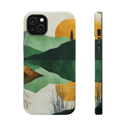 Retro Mountain Sunrise MagSafe iPhone Case – Minimalist Landscape Design, Dual-Layer Protection