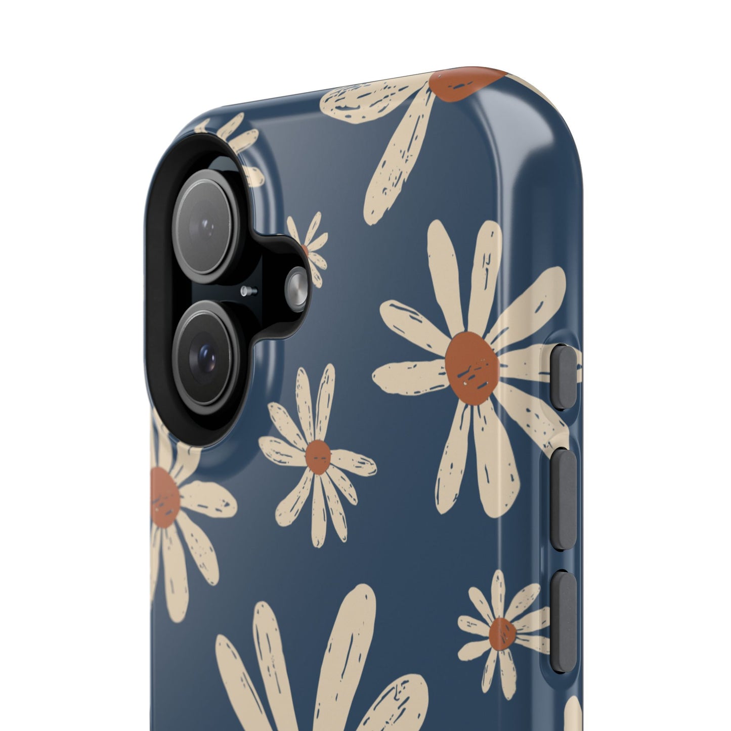 Vintage Daisies MagSafe iPhone Case – Navy Blue Floral Design, Scratch-Resistant with Shock-Absorbing Bumper