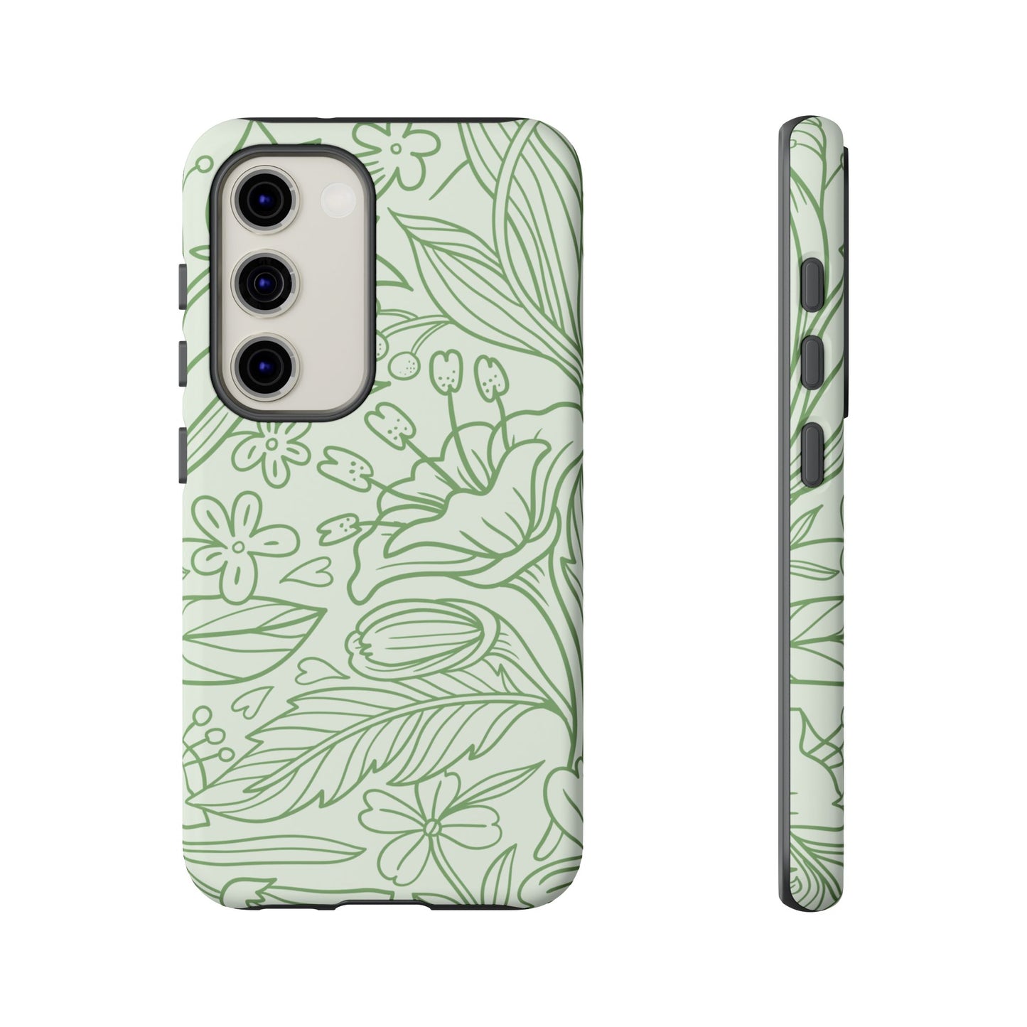 Sage Green Floral Line Art Tough Samsung Galaxy Case – Minimalist Botanical Design with Dual-Layer Protection