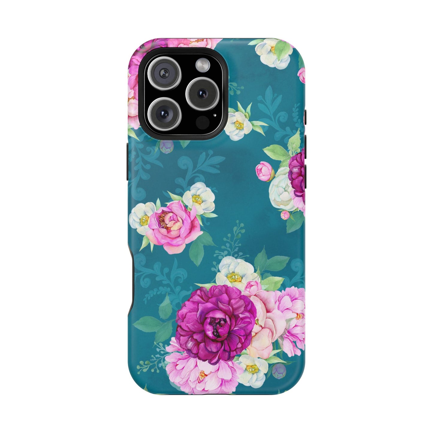 Elegant Peony Bouquet MagSafe iPhone Case – Deep Teal Background with Romantic Floral Design