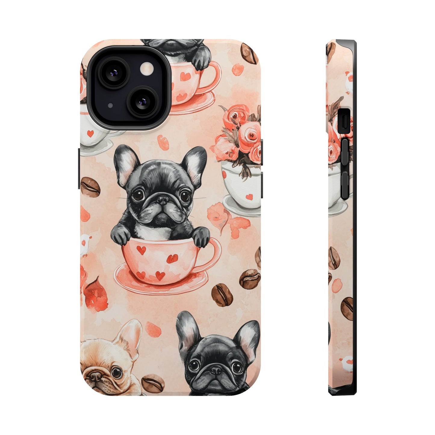 French Bulldogs in Heart Teacups MagSafe iPhone Case – Cute Dog & Floral Design, Shockproof Protection