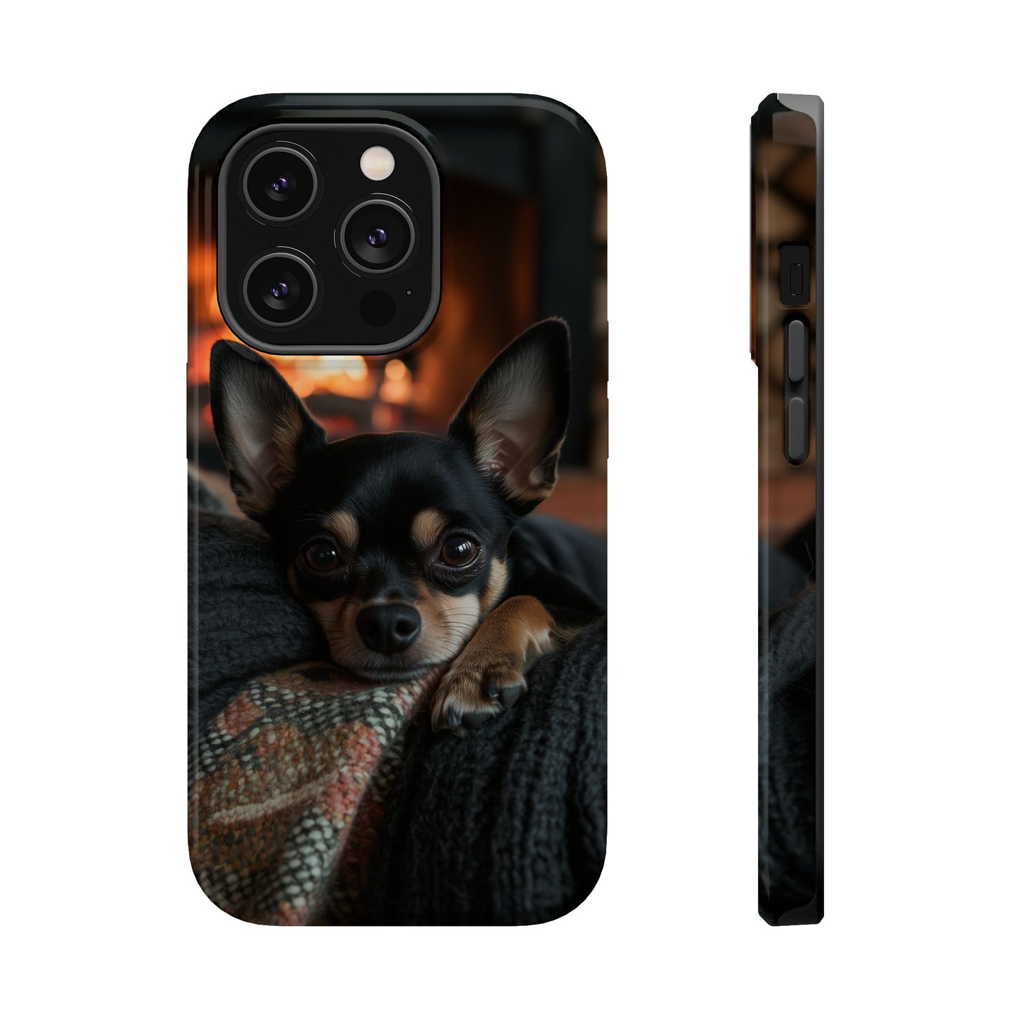 Cozy Chihuahua Fireplace MagSafe iPhone Case – Elegant and Functional Design