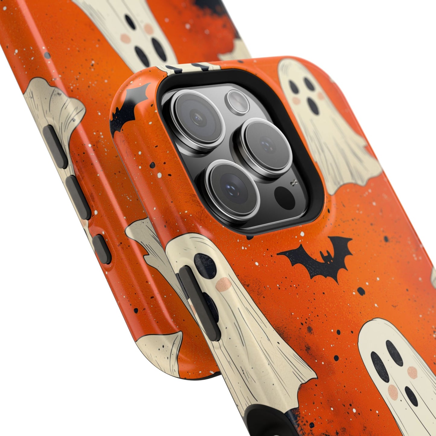 Spooky Ghosts & Bats  MagSafe iPhone Case – Vibrant Orange Halloween Design