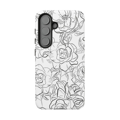 Monochrome Rose Garden Tough Samsung Galaxy Case – Elegant Floral Line Art with Dual-Layer Protection