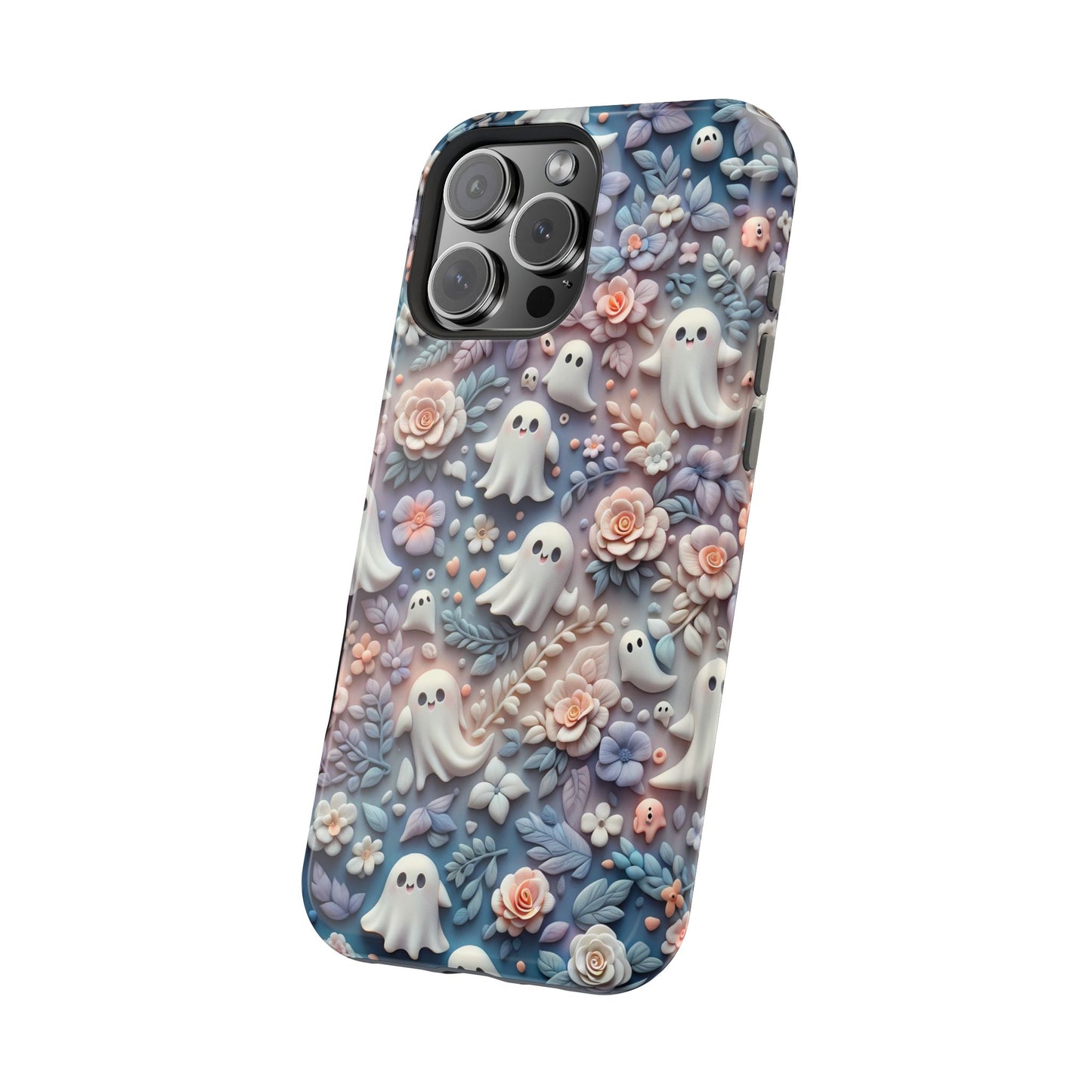 Cute MagSafe Ghosts Flowers Phone Case | Ethereal Clay Style | Autumn and Halloween Aesthetic | Tough Dual Layer Protection