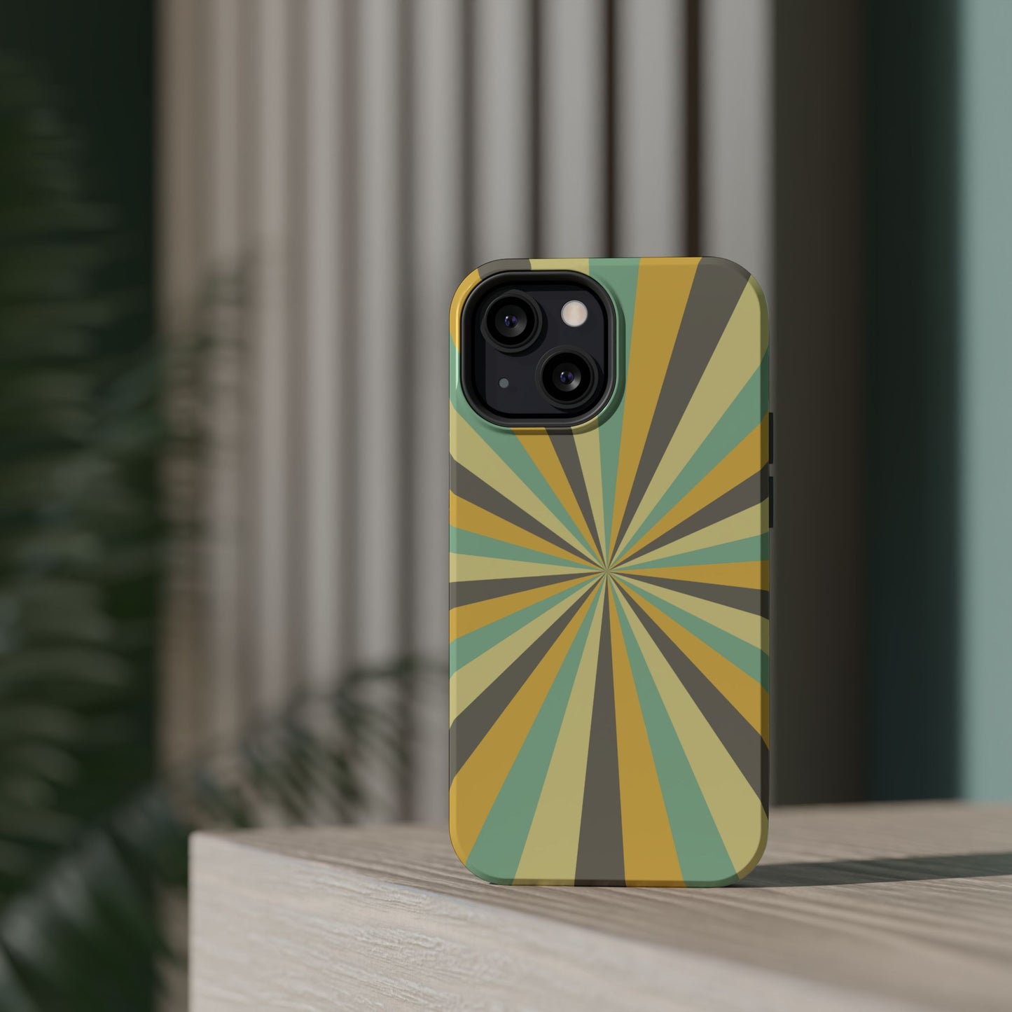 Vintage Sunburst Rays MagSafe iPhone Case – Bold 70s-Inspired Burst in Yellow, Mint, and Gray