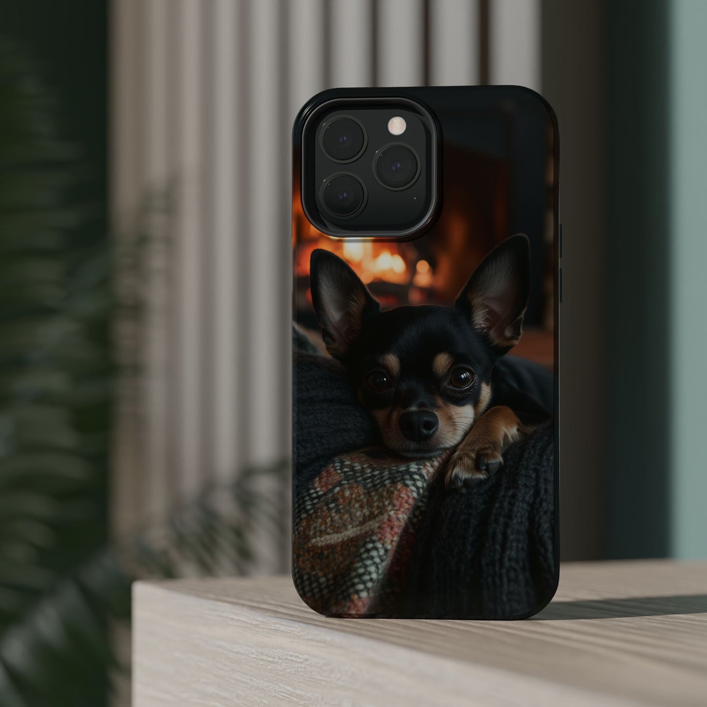 Cozy Chihuahua Fireplace MagSafe iPhone Case – Elegant and Functional Design