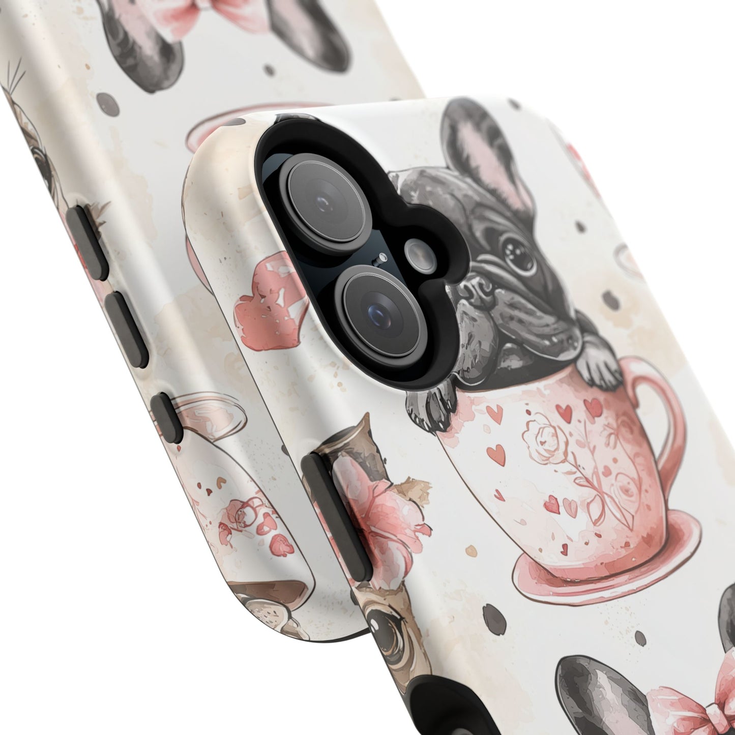 French Bulldogs in Teacups MagSafe iPhone Case – Cute Dog Design with Hearts & Bows, Shockproof & Slim