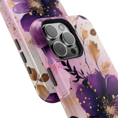 Elegant Purple & Gold Floral MagSafe iPhone Case - Luxe Flower Design