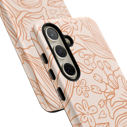 Soft Terracotta Floral Line Art Tough Samsung Galaxy Case – Minimalist Botanical Design with Dual-Layer Protection