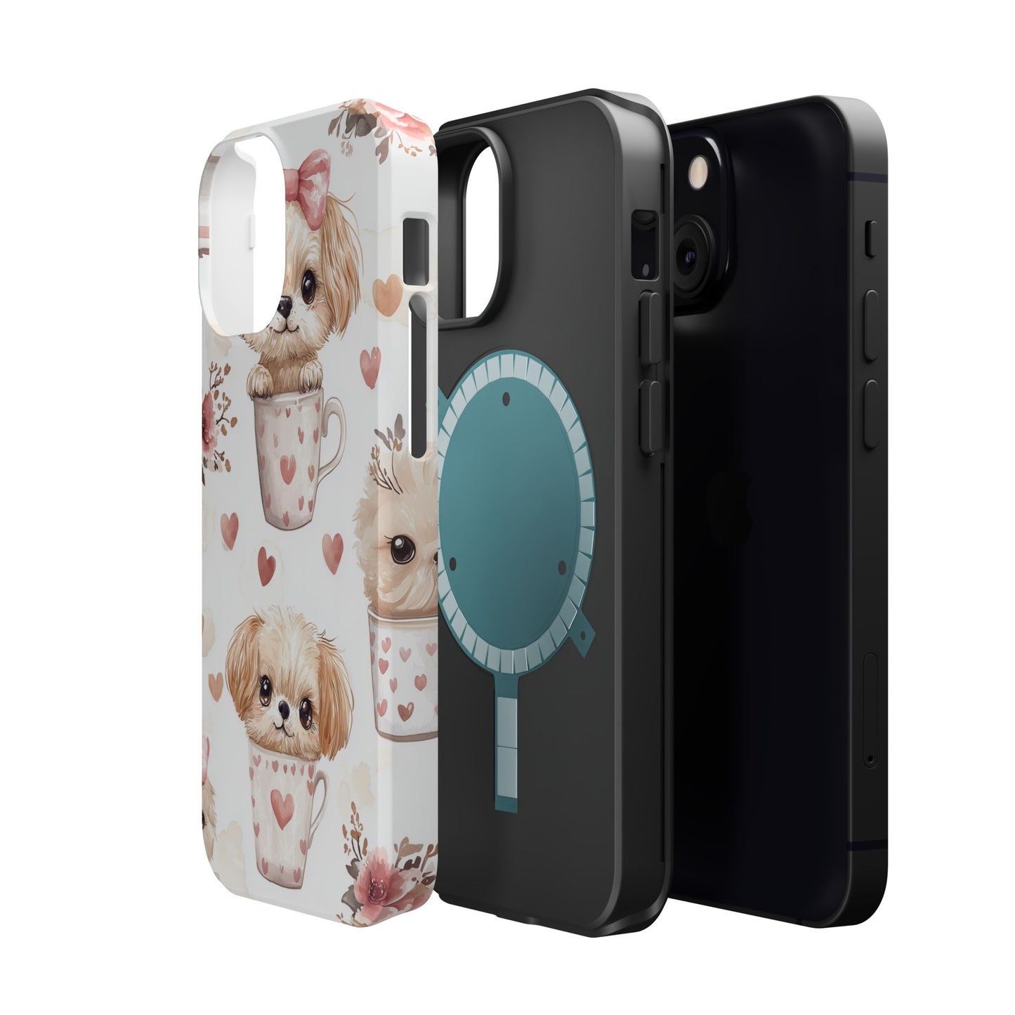 Cute Puppies in Heart MagSafe iPhone Case – Adorable Dog & Floral Design, Shockproof & Slim