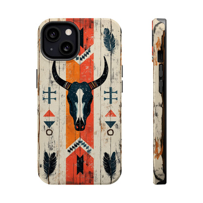 Rustic Western Bull Skull Tough MagSafe iPhone Case – Distressed Wood Design, Dual-Layer Protection