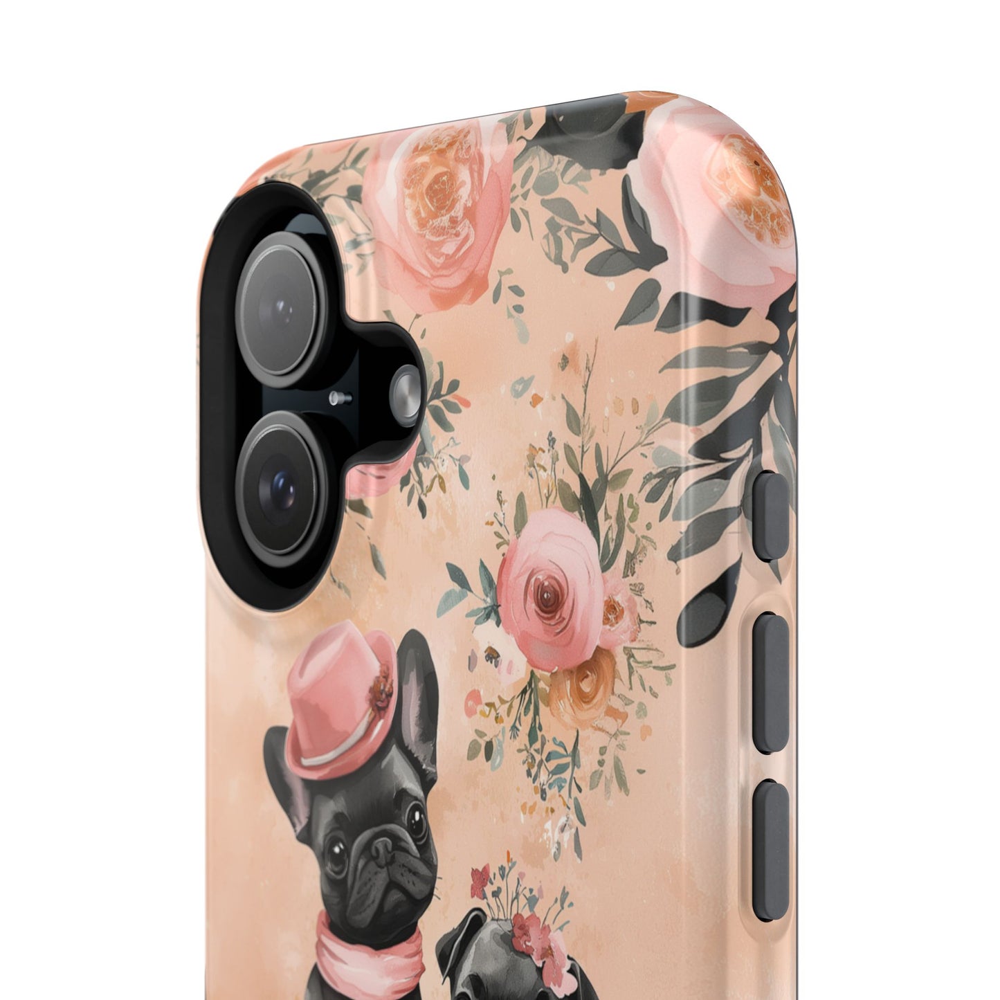 Floral French Bulldogs MagSafe iPhone Case – Elegant Dog Design with Tea Cups & Roses, Shockproof Protection