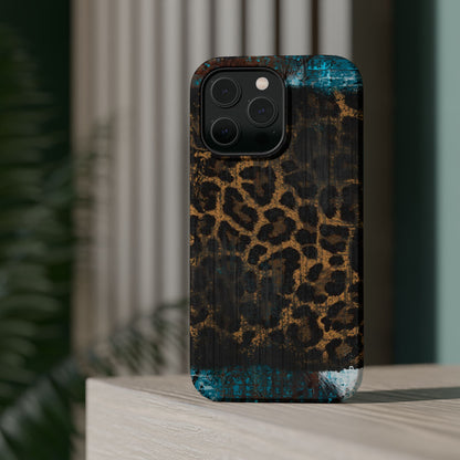 Boho Leopard and Turquoise Tough MagSafe iPhone Case – Rustic Western Design with Dual-Layer Protection